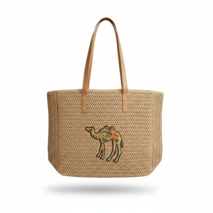 Camel Embroidered Straw Tote Bag