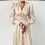 JAYJO Marketplace | Elegance Buttoned Midi Dress – Ruched Bodice & Voluminous Sleeve Statement