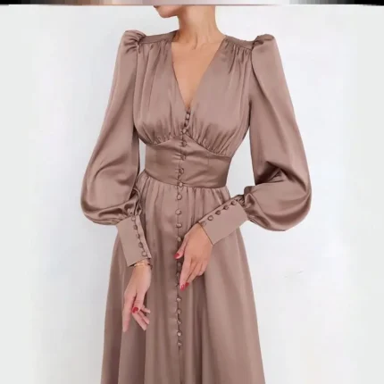 JAYJO Marketplace|Elegance Buttoned Midi Dress – Ruched Bodice & Voluminous Sleeve Statement