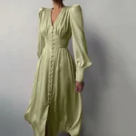 JAYJO Marketplace | Elegance Buttoned Midi Dress – Ruched Bodice & Voluminous Sleeve Statement