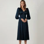 JAYJO Marketplace | Elegance Buttoned Midi Dress – Ruched Bodice & Voluminous Sleeve Statement