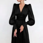 JAYJO Marketplace | Elegance Buttoned Midi Dress – Ruched Bodice & Voluminous Sleeve Statement
