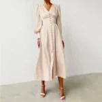 JAYJO Marketplace | Elegance Buttoned Midi Dress – Ruched Bodice & Voluminous Sleeve Statement