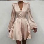 JAYJO Marketplace | Elegance Buttoned Midi Dress – Ruched Bodice & Voluminous Sleeve Statement