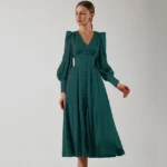 JAYJO Marketplace | Elegance Buttoned Midi Dress – Ruched Bodice & Voluminous Sleeve Statement