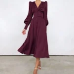JAYJO Marketplace | Elegance Buttoned Midi Dress – Ruched Bodice & Voluminous Sleeve Statement