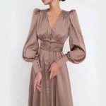 JAYJO Marketplace | Elegance Buttoned Midi Dress – Ruched Bodice & Voluminous Sleeve Statement