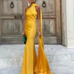 JAYJO Marketplace | Elegant One-Shoulder Satin Gown with Dramatic Train
