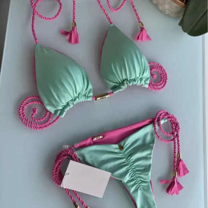 JAYJO Marketplace|Braided Tassel Bikini Set – Pastel Multicolor Triangle String Swimwear