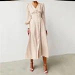 JAYJO Marketplace | Elegance Buttoned Midi Dress – Ruched Bodice & Voluminous Sleeve Statement