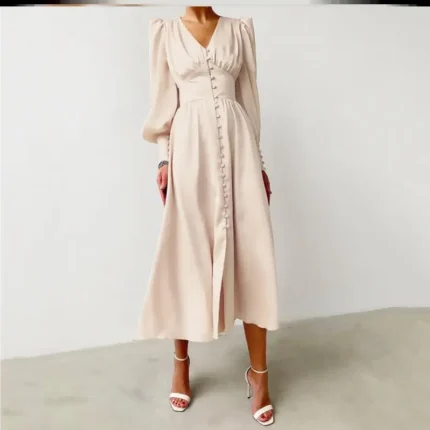 JAYJO Marketplace|Elegance Buttoned Midi Dress – Ruched Bodice & Voluminous Sleeve Statement