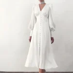 JAYJO Marketplace | Elegance Buttoned Midi Dress – Ruched Bodice & Voluminous Sleeve Statement