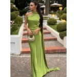 JAYJO Marketplace | Elegant One-Shoulder Satin Gown with Dramatic Train