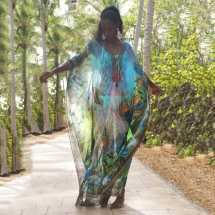 Transform Your Vacation Wardrobe with a Bold Peacock Print Kaftan