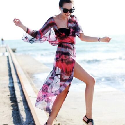 JAYJO Marketplace|Printed Chiffon Beach Cover-Up Maxi Dress with Front Buttons
