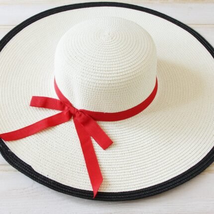 Wide-Brim Hat with Red Ribbon Bow