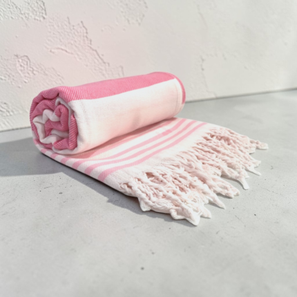 Soft Pink & White Striped Fringed Beach Towel